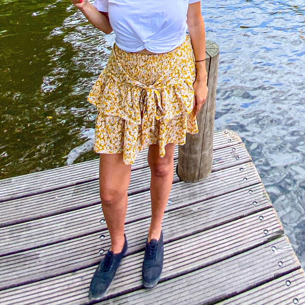 Yellow Floral Skirt with Bow in Front